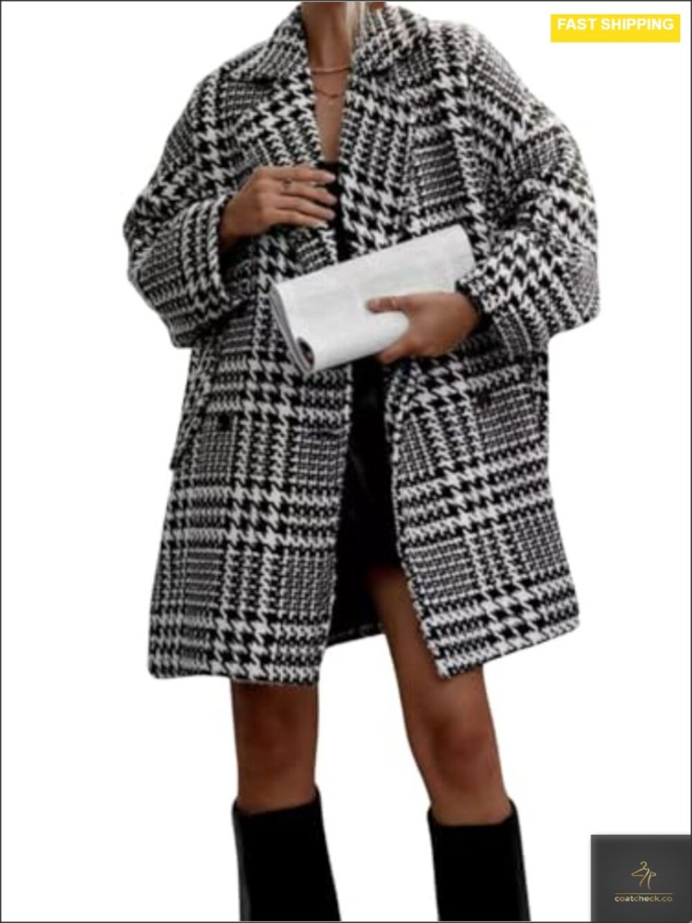 Oversized Tweed Plaid Double Breasted Blazer Jacket Long Sleeve with Pockets